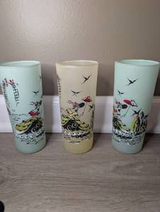 Vintage Libbey Green and Yellow Frosted Glass Southern Belle Tumblers - 2 ct