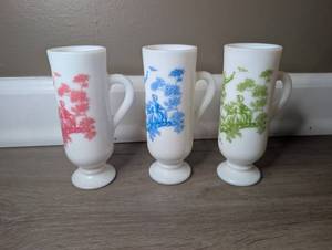 lot 806 image: Vintage Porcelain Footed Milk Glass Cups Red Blue Green Toile Print - 3 ct
