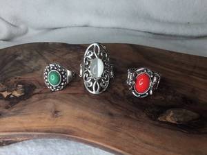 lot 1202 image: Decorative Rings with Green Red and White Stone Accents - 3 ct