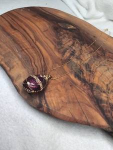 lot 1229 image: Purple Egg Pendant Necklace with Gold-Tone Chain and Crystal Accents