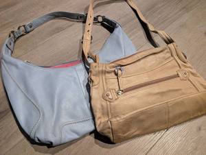 lot 1402 image: 2 Shoulder Bags Light Blue Tan Hobo Style with Handles - Stone Mountain