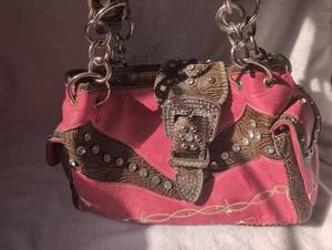 lot 1406 image: Pink and Black Studded Handbag with Ornate Metal Hardware and Chain Handles