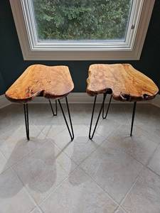 lot 38 image: Pair of Live Edge Wood Side Tables with Hairpin Legs