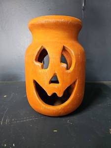lot 3182 image: Ceramic Orange Jack-O-Lantern Pumpkin Lantern Decorative Carved Face