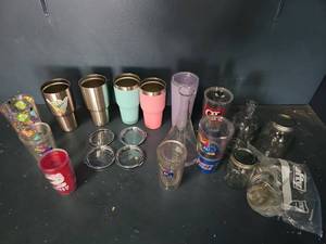 lot 3195 image: Assorted Drinkware Lot Tumblers Cups Glasses  Lids  Tervis and Yetti Style