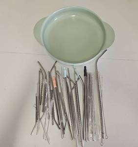 lot 10115 image: Microwaveable Metal Plate Bowl 10 and Lot of Metal Straws and Cleaning Brushes