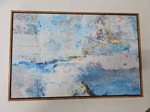 lot 10151 image: Framed Abstract Landscape Painting Blue Orange Gray Tones 16x24
