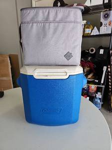 lot 10168 image: Cooler Lot- Coleman Blue Cooler with Handle and Soft Cargo Bag