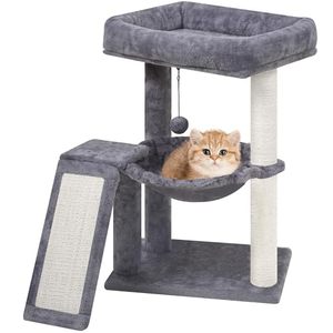 lot 2031 image: YOUPET Cat Tree with Scratching Post, Hammock & Toy Balls, Grey