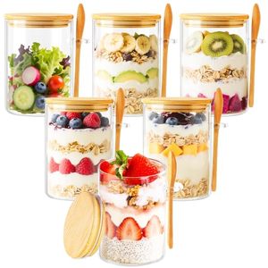 lot 2052 image: TBWIND 6 Pack 16oz Overnight Oats Containers with Airtight Bamboo Lids