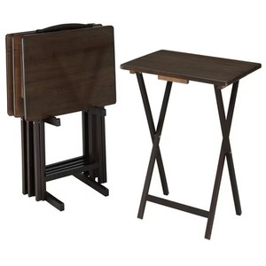 lot 2070 image: $53 Mainstays Walnut 5-Piece Folding TV Tray Set, 19x15x26 (4 tables  1 ra