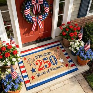 lot 2108 image: 2 Pcs Patriotic Door Mat, Anniversary Layered Welcome Mat, Red White Blue