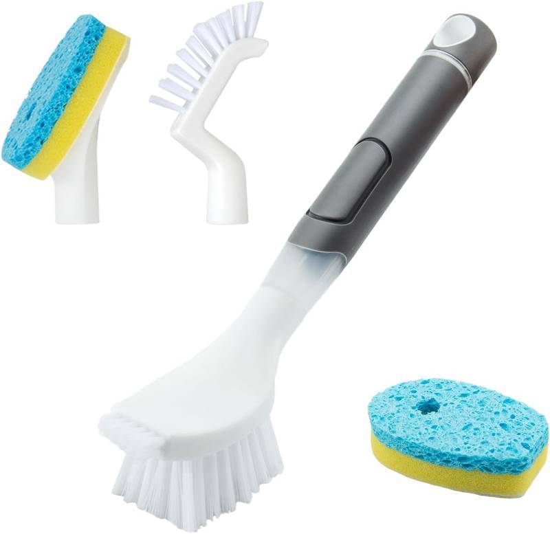 lot 10610 image: REEWII Dish Brush with Soap Dispenser, 4-Pcs Refills, Dish Brush Set
