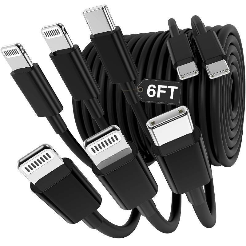 lot 10681 image: Hzevn 3-in-1 iPhone Charger Cable 6ft USB-C to Lightning with 3 Ports, 2-Pack