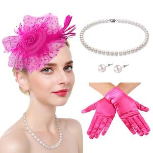 lot 5911 image: Magibag Fascinators Hats with Gloves Set for Women 20s 50s Cocktail Tea Party Wedding Costume Headwear (02 Hot Pink)