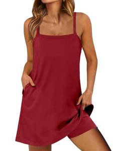 lot 5920 image: ANRABESS Women Summer Dress 2026 Beach Vacation Outfits Tennis Athletic Workout Romper Dress Built in Shorts Travel Clothes Deep Red Medium