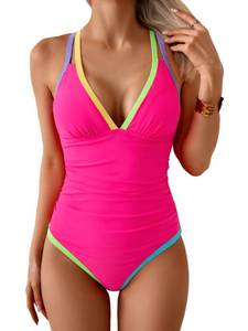 lot 5926 image: B2prity Womens One Piece Swimsuit Tummy Control Slimming Bathing Suit V Neck Neon Color Block Tie Back Swimwear 2 XL