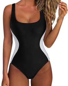 lot 5940 image: SUUKSESS One Piece Swimsuit for Women Slimming Tummy Control Square Neck Color Block Lace Up Back Bathing Suit for Women 2025(Black and White X-Large)