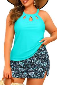 lot 5943 image: Yonique Plus Size Tankini with Skirt - Two Piece Swimsuit Tummy Control Bathing Suit High Neck Swimwear 2025 Colorful Leaves 14W
