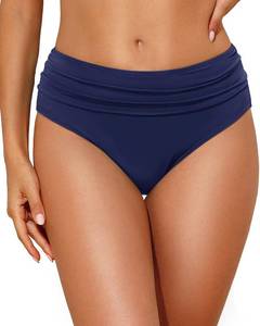 lot 5944 image: Mid Rise Bikini Bottoms Full Coverage Ruched Swim Bottom Navy Blue XS