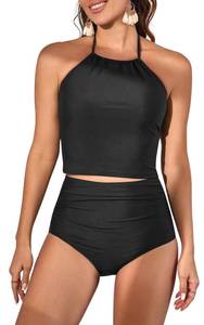 lot 5951 image: Eomenie Womens Tankini Swimsuit Tummy Control Halter Slimming Two Piece Bathing Suit with High Waisted Bottom Black 2 XL