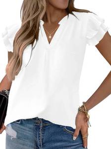 lot 5953 image: Sucolan White Tops for Women Notch V Neck Blouse Cap Sleeve Blouses Dressy Casual Cute Summer Tops White L