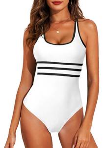 lot 5957 image: Aleumdr Womens Color Block One Piece Athletic Swimsuit Sports Tummy Control Cheeky High Cut Bathing Suits White Large