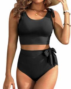 lot 5959 image: Yonique Two Piece High Waisted Swimsuits - Women Tummy Control Bikini Modest Bathing Suit 2PC 2025 Black L