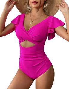 lot 5965 image: AIMAGE Womens Ruffle One Piece Swimsuit V Neck Tummy Control Bathing Suits Cutout Backless Swimwear Hot Pink,M