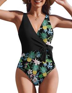 lot 5966 image: AIMAGE Womens One Piece Swimsuits V Neck Slimming Bathing Suit Color Block Tie Side Swimwear Tummy Control Swim Suits 2026 Black XL