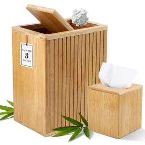 lot 3623 image: BSSN Bamboo Waste Basket & Tissue Box Cover Set, 3 Gallon Farm Trash Can