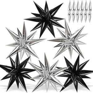 lot 3637 image: 72 Pcs Black and Silver Star Balloons, 26in Foil SpikeMylar Cone Balloons