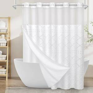 lot 3638 image: White No Hook Tufted Shower Curtain with Snap-in Liner Set, 72 x 74 Inch