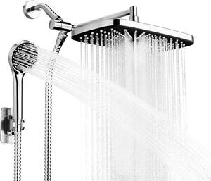 lot 3718 image: Chrome Rain Shower Head with Handheld Shower Head, 5 Spray Modes