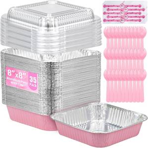 lot 3727 image: (35-Pack) Pink 8x8in Disposable Aluminum Pans with Plastic Lids