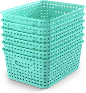 lot 3736 image: WYT 6-Pack Plastic Shelf Storage Weave Baskets for Cabinets, Sky Blue