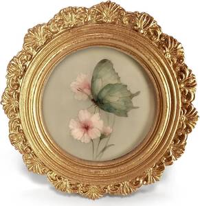 lot 3768 image: Vintage Butterfly Round Picture Frame, Pink Flower Gold Ornate Photo Frame