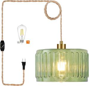 lot 3793 image: QIYIZM Plug-in Pendant Light with Cord, Boho Glass Green Flower, Dimmable