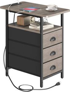 lot 3808 image: sthmec End Table with Charging Station, 3-Drawer Narrow Nightstand, Grey