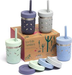 lot 3828 image: Elk and Friends Kids 10oz Stainless Steel Mason Jars  Sleeves  Lids  4pk
