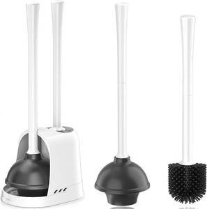 lot 3843 image: Toilet Plunger and Brush Set with Ventilated Holder, 2-in-1 White (1 Set)