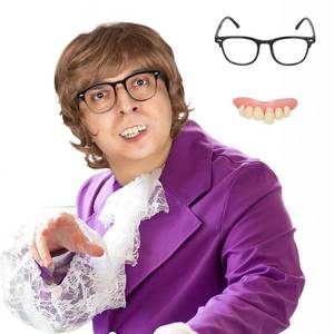 lot 3868 image: Miss U Hair Short Wavy Brown 70s Wigs for Men Fake Teeth Set  missing glasses 