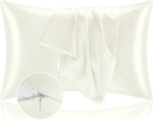 lot 3873 image: BEDELITE Zipper Satin Pillowcases, Standard Size 20x26, Ivory, Set of 2