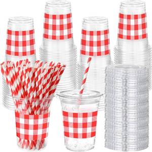 lot 3924 image: Sliner 50 Sets 16oz Red White Gingham Party Plastic Cups