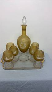 lot 301 image: Frosted Glass Decanter and Cordial Set with Tray 6-Piece