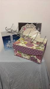lot 309 image: Decorative box, crystal candle holder, coat hanger and paper doilies.