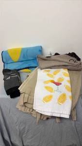 lot 312 image: Kitchen towel, mens gold toe socks, 3 panelcurtains (63 long) shark throw and Calvin Klein new winter scarf.
