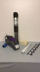 lot 332 image: Box of screws, brackets, coat hanger and hand held vac shampooer