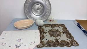 lot 360 image: Lefton egg, beaded doily, 2 cloth doilies, bowl and silver lazy Susan