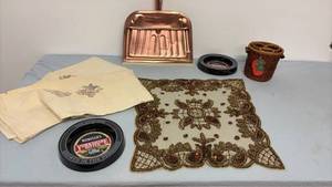 lot 367 image: Beaded doily, pillowcases, dustpan ashtrays and basket